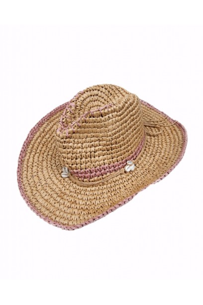 Sombrero de playa conchas rematado en rosa