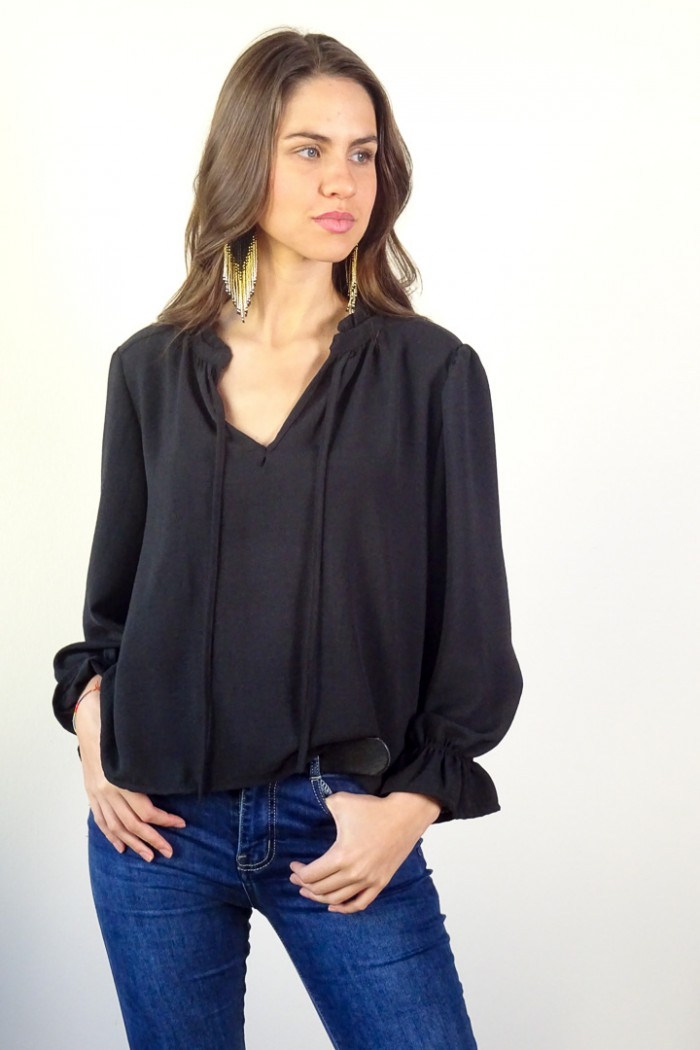 Blusa de cuello blusa negra, blusa con volantes, blusa mujer, blusa puño