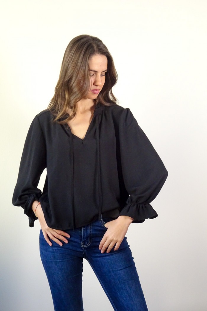 Blusa de cuello blusa negra, blusa con volantes, blusa mujer, blusa puño