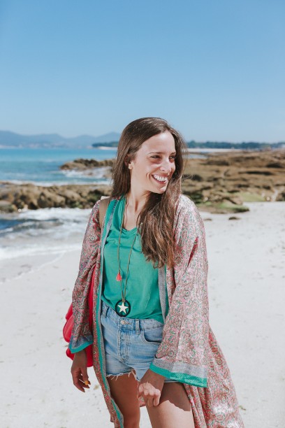 Kimono largo estampado coral