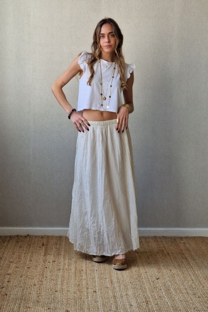 Falda larga arrugada beige