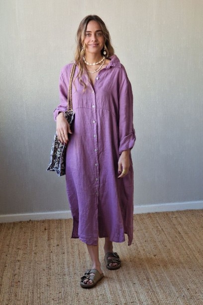 Vestido camisero de lino lila