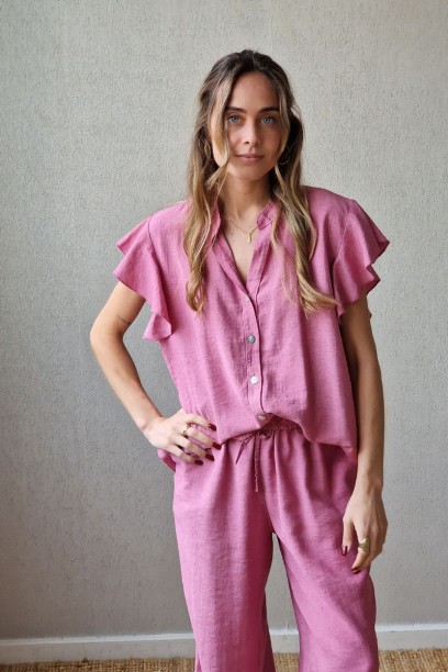 Blusa mezcla con lino rosa...